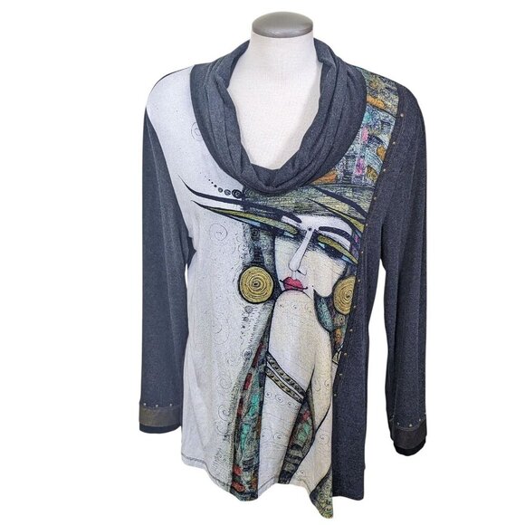 Simply Art By Dolcezza Womens Cowl Neck Tunic Top XL Woman Face Graphic Studs - Picture 1 of 9